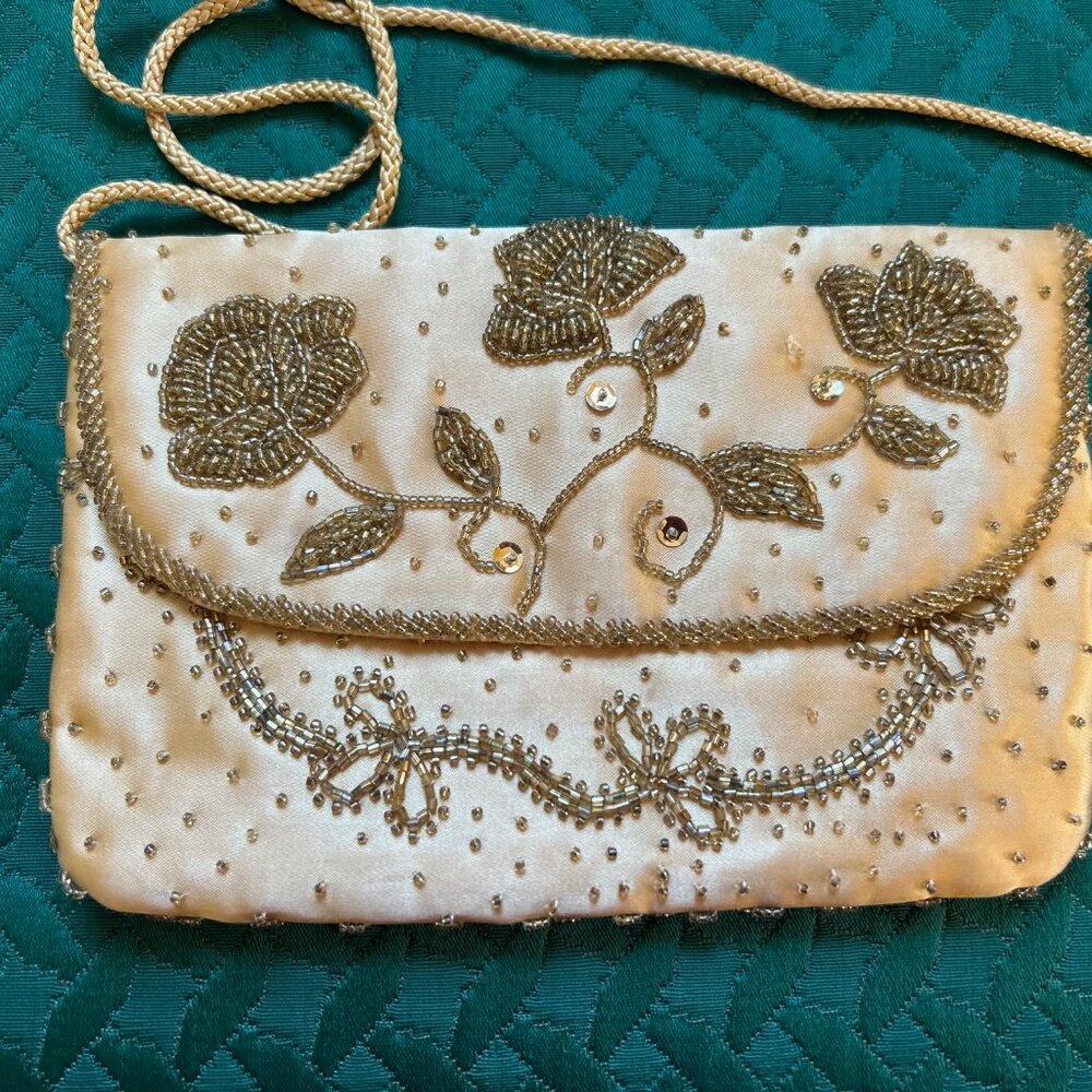 Valerie Stevens Gold Satin Envelope Bag with Beaded Design - Vintage